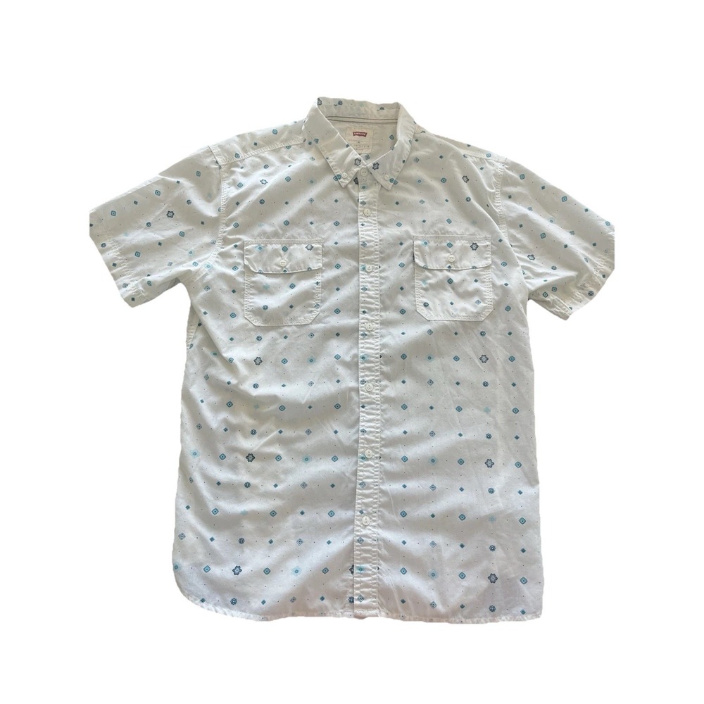 Vintage Levis Strauss Shirt Mens Button Down White Blue Plaid Short Sleeve XL